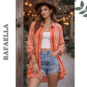 RAFAELLA Boho Paisley Button-Up Tunic Top Plus Size 3X